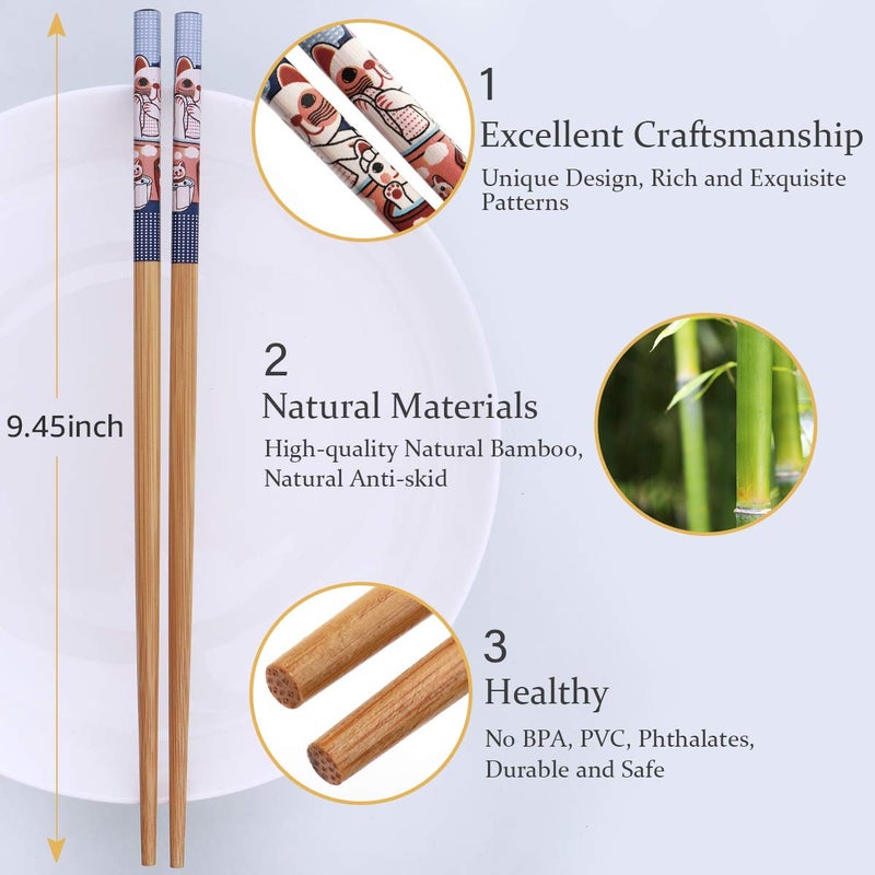 GLAMFIELDS 10Pairs Handmade Natural Bamboo Chopsticks Healthy Asian Japanese Korean Noodles Sushi Chopsticks set Reusable Gift Tableware-Cute Cat Drawing - Image 2